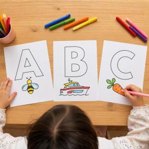 Coloriage d'un alphabet décoré pour apprendre l'alphabet en s'amusant. Une façon ludique d'apprendre à lire les grandes lettres de l'alphabet.