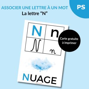 Une carte alphabet pour associer la lettre N à un mot : N comme Nuage