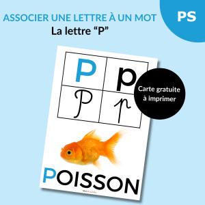 Une carte alphabet pour associer la lettre P à un mot : P comme Poisson