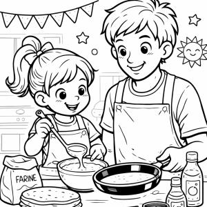 Imprimer le coloriage de la cuisine des crèpes de la chandeleur. Coloriage d'un jeune garçon en train de lancer une crêpe le jour de la Chandeleur