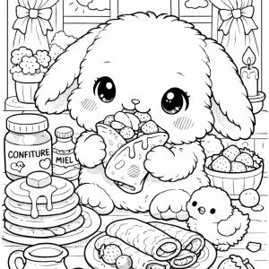 Coloriage lapin qui mange une crêpe aux fraises