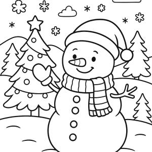 Imprimez ce coloriage de Noël CE2 mettant en scène un bonhomme de neige joyeux dans un paysage hivernal. Une activité ludique et gratuite à colorier.