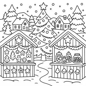 Téléchargez gratuitement ce coloriage de Noël pour CE2 : un marché de Noël avec chalets, sapin et décorations. Parfait pour développer imagination et motricité fine.