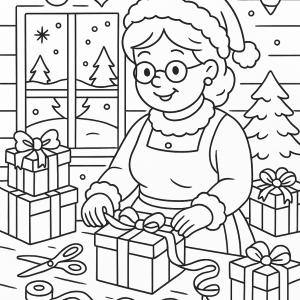 Téléchargez gratuitement ce coloriage de Noël CE2 : Mamie Noël prépare les cadeaux dans son atelier. Parfait pour développer précision et créativité en classe.