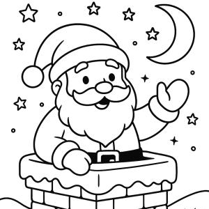 Coloriage gratuit de Noël pour CE2 représentant le Père Noël dans une cheminée, sous les étoiles. Une activité festive à imprimer et à colorier en classe.