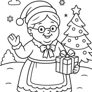 Coloriage gratuit de Noël CE2 : la Mère Noël avec un cadeau, à colorier pour développer créativité, imagination et motricité fine.