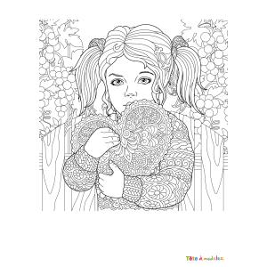 Imprimer le coloriage des enfant à la saint valentin avec la petite fille qui porte un coeur.