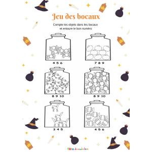 Une page de jeu à imprimer pour apprendre à compter aux enfants de maternelle. Avec cette page d'exercice votre enfant peut s'entraîner à compter, il doit compter les objets contenus dans chaque bocal