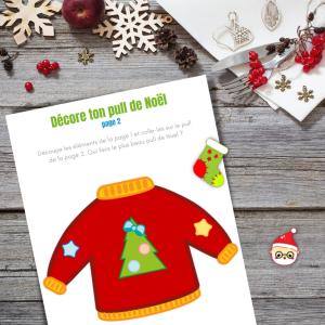 activité de collage pour décorer un pull moche de Noël. Une activité parfaite pour les enfants dès la maternelles à l'approche du 25 décembre ou durant le réveillon de Noël pour occuper les enfants.