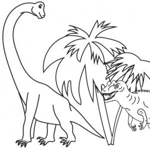 Coloriage de deux dinosaures à imprimer : sur ce coloriage votre enfant peut s'amuser à colorier le dessin d'un allosaure prêt à bondir sur un brachiosaure. Un coloriage gratuit à imprimer sur les din