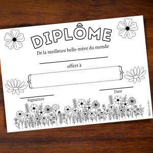 Offrez un diplôme personnalisé et à colorier aux belle-mère pour la Fête des mères. Montrez-lui votre gratitude avec ce cadeau original et touchant. Imprimez un diplôme sur mesure, rempli d'amour et d
