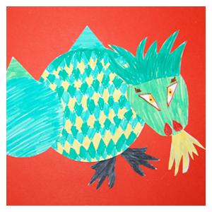 Collage de formes en papier pour réaliser un dragon. Les différents éléments géométriques en papier sont découpés puis coloriés avant d'être coll&