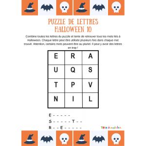 Grille de jeu N°10 des puzzles de lettres sur Halloween. Les enfants devront utiliser les lettres de cette grille pour écrire 3 mots extraits du vocabulaire d'Halloween et du monde des revenants !