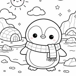 Coloriage pingouin kawaii au pôle Nord à imprimer gratuitement