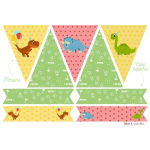 Printables pour un anniversaire sur le thème des dinosaures à imprimer pour organiser votre anniversaire dinosaure ! Des fanions a accrocher sur une ficelle et des cake toppers à plier en deux et à me