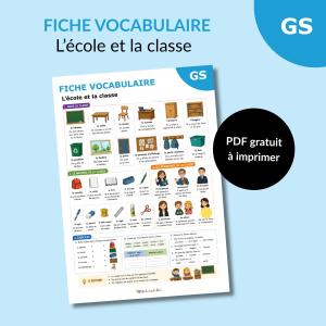 Téléchargez une fiche vocabulaire sur l’école et la classe pour la maternelle. Activités, exercices et mots illustrés à imprimer gratuitement.