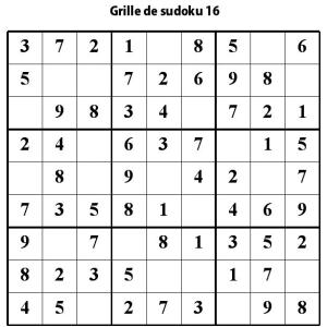Grille 16 de sudoku de niveau 3 pour les enfants du primaire pour les aider à progresser en maths. Au niveau 3, il manque 3 chiffres au maximum par région.