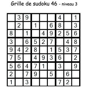 Grille de sudoku 46 de niveau 3 pour les enfants du primaire pour les aider à progresser en maths. Au niveau 3, il manque 3 chiffres au maximum par région.