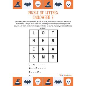 Jeu de vocabulaire sur Halloween, voici le puzzle de lettres N°7 sur le vocabulaire d'Halloween. Avec les lettres proposées dans cette grille, votre enfant devra découvrir 4 mots du vocabulaire d'Hall