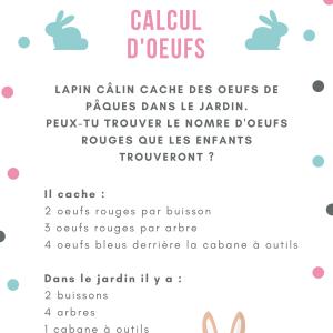 Un jeu de calcul de Pâques à imprimer : Lapin câlin cache des oeufs de Pâques pour les petits enfants du jardinier.