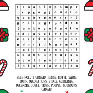 Une grille  du jeu de mots cachés sur le vocabulaire du thème de noël, un jeu sur les mots à connaitre et à reconnaitre, jeu à imprimer: