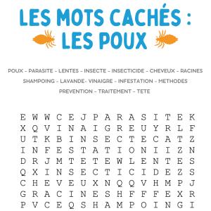 Une grille de jeu de mots cachés sur les poux, un jeu sur les mots à imprimer: grille N°1 sur les mots du champ lexical des poux