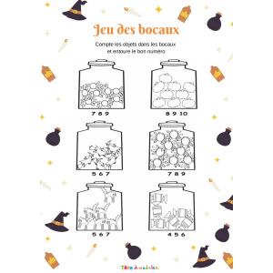 Ces bocaux contiennent des bonbons, des araignées, des citrouilles, des sorcières et des chats. C'est à votre enfant de les compter et d'entourer le chiffre qui correspond sous chaque bocal.