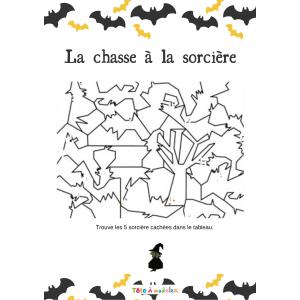 Jeu de cache ? cache , il faut retrouver les formes de sorcières cachées dans le tableau et les colorier.  Jeu à imprimer