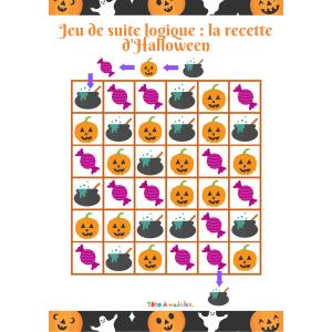 On cherche à faire une potion d'Halloween à base de citrouille et de bonbons ! Les 3 images miniatures forment la suite logique , elles doivent se suivre toujours dans le même ordre . Pour jouer au je