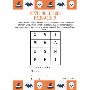Un puzzle de lettres avec lesquelles votre enfant doit pouvoir écrire quatre mots liés à la fête d'Halloween. Votre enfant devra trouver un mot commençant par C, un commençant par N, un autre par V et