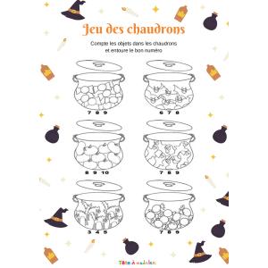 Chaque chaudron contient un certain nombre d'objets, il faut compter les objets contenus dans chaque chaudron et entourer le nombre qui correspond juste en dessous. Un jeu pour apprendre le calcul.