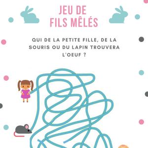 Jeu de fils mà™lés à imprimer , une fillette, une souris et un lapin à la recherche de l'oeuf en chocolat . Un jeu sur le thème de Pà¢ques.