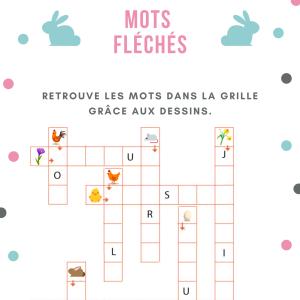 grille de jeu de mots fléchés sur le thème de Pà¢ques et trouver les mots correspondants aux petites images qui illustrent le printemps et Pà¢ques. Jeu gratuit à imprimer