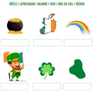 Un jeu sur les symboles de la saint Patrick. Imprimez le jeu de saint Patrick et demandez à votre enfant de retrouver le nom de chaque symbole lié à la saint Patrick dans la liste et de l'écrire dans 