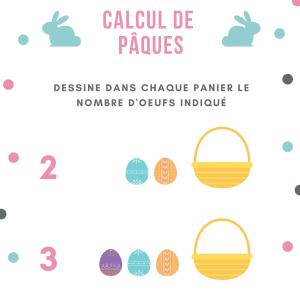 Un jeu pour associer quantité et chiffre : A votre enfant de dessiner dans chaque panier les quantités d'oeufs indiquées et colorie les petits oeufs