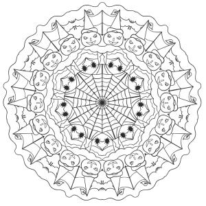 Retrouvez un mandalas d'Halloween avec une toile d'araignée et des petites citrouilles qui va faire plaisir à vos petits monstres