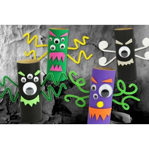 Une activité d'Halloween pour les enfants qui permettra de transformer des rouleaux en carton (ou rouleaux papier toilette) en monstres rigolos ! Faciles à fabriquer, les petits monstres créés pou
