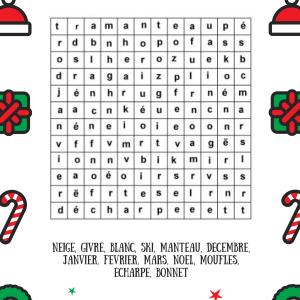 Une grille de mots cachés à imprimer pour jouer avec le vocabulaire sur l'hiver. les mots liés à l'hiver sont cachés dans cette grille, à votre enfant de les retrouver et de les barrer.