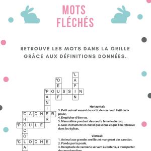 Un Jeu de mots fléchés de niveau facile où il faut retrouver les mots de Pâques grâce aux définitions.