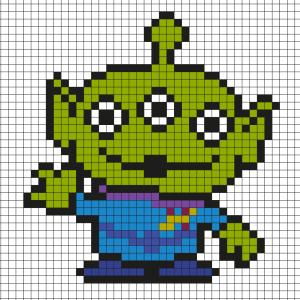 Réaliser ce beau Pixel Art de l'Alien de Toy story en prenant un quadrillage afin de reproduire les carrés colorés. Vous pourrez alors reproduire l'Alien de Toy Story.