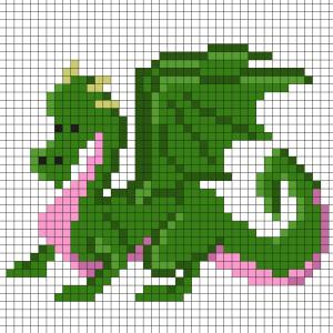 Réaliser ce beau Pixel Art d'un dragon effrayant en prenant un quadrillage afin de reproduire les carrés colorés. Vous pourrez alors reproduire ce dragon pour le plus grand bonheur des petits et des g