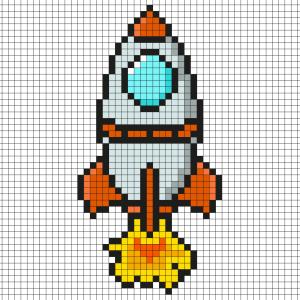 Réaliser ce beau Pixel Art de l'espace en prenant un quadrillage afin de reproduire les carrés colorés. Vous pourrez alors avoir une magnifique fusée qui vous permettra de voyager dans toute la galaxi