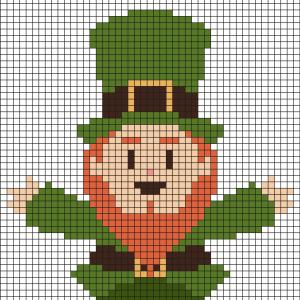 Fabriquez ce beau Pixel Art Leprechaun de Saint Patrick en prenant un quadrillage afin de reproduire les carrés colorés. Vous pourrez alors avoir un superbe leprechaun qui fêtera la Saint Patrick avec