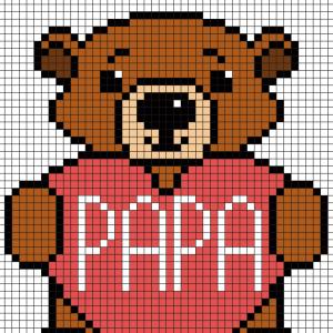 Ce modèle de Pixel Art représente un ourson qui tient un coeur écrit Papa. Ce modèle est à imprimer gratuitement. Il vous suffira ensuite de prendre du papier quadrillé et de suivre notre modèle carré