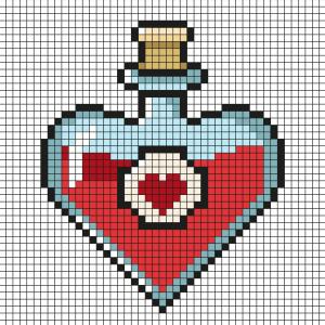 Un modèle de Pixel Art qui représente une potion d'amour. . Imprimez gratuitement  notre modèle simple qui vous permettra de créer facilement une potion en Pixel Art. Il vous suffira de prendre du pap
