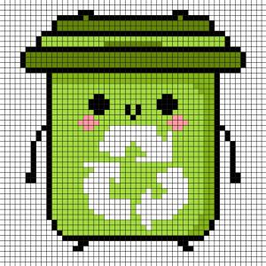 Modèle de Pixel Art poubelle de tri sélectif à reproduire sur un papier quadrillé. Une bonne idée pour la journée de la Terre.