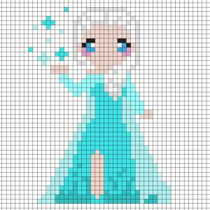 Réaliser ce beau Pixel Art de la Princesse Elsa de la Reine des neiges en prenant un quadrillage afin de reproduire les carrés colorés. Vous pourrez alors reproduire Elsa pour le plus grand bonheur de