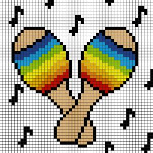 Modèles de Pixel Art sur la Fête de la musique avec des instruments de musique.  Retrouvez des modèles à suivre carrés après carrés afin de recréer ces instruments en Pixel Art