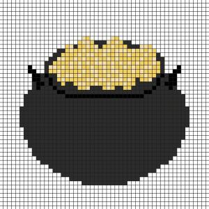 Fabriquez ce beau Pixel Art de chaudron rempli d'or. Un trésor de Leprechaun de Saint Patrick. Prenez un quadrillage afin de reproduire les carrés colorés. Vous pourrez alors avoir un superbe trésor, 
