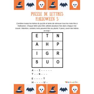 Sur cette grille de lettres votre enfant devra retrouver 4 mots de vocabulaire lié à l'univers de la peur, la peur lié à la fête d'Halloween. Les initiales et quelques lettres offertes aideront votre 